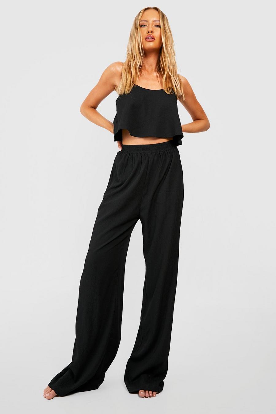 Black Tall Textured Swing Crop And Wide Leg Pants Set image number 1