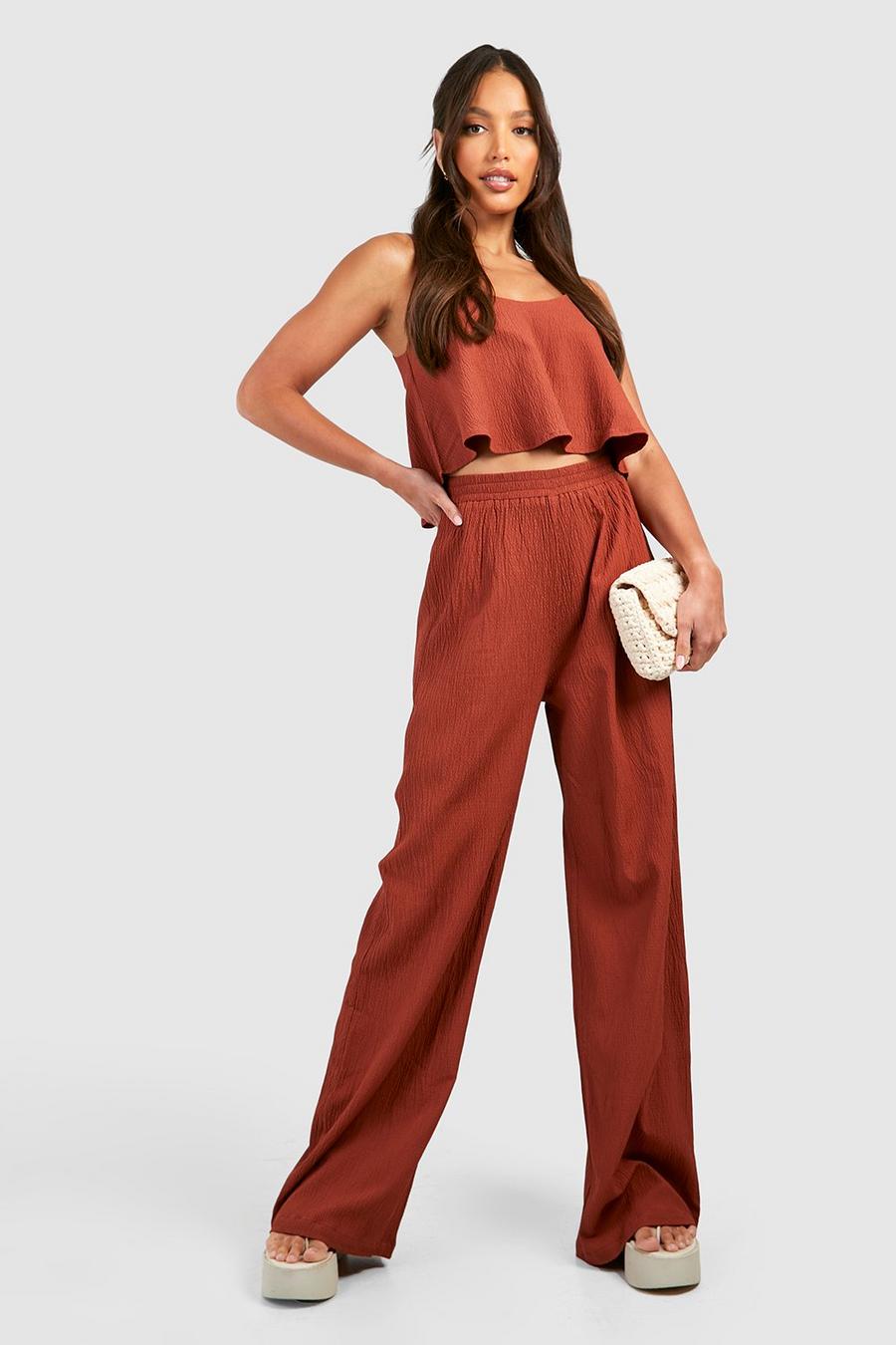 Rust Tall Textured Swing Crop And Wide Leg Pants Set image number 1