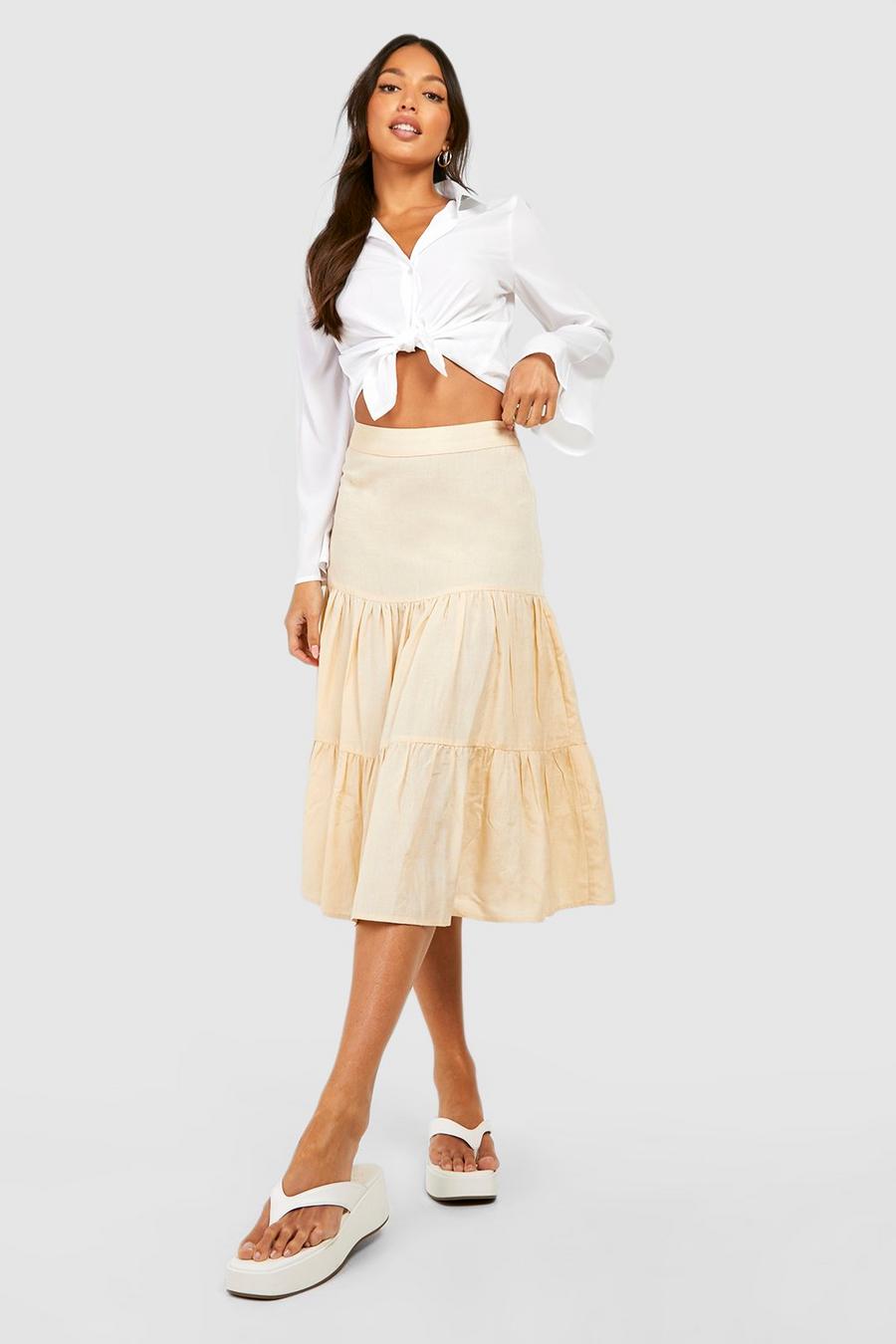 Stone Tall Linen Look Tiered Midi Skirt image number 1