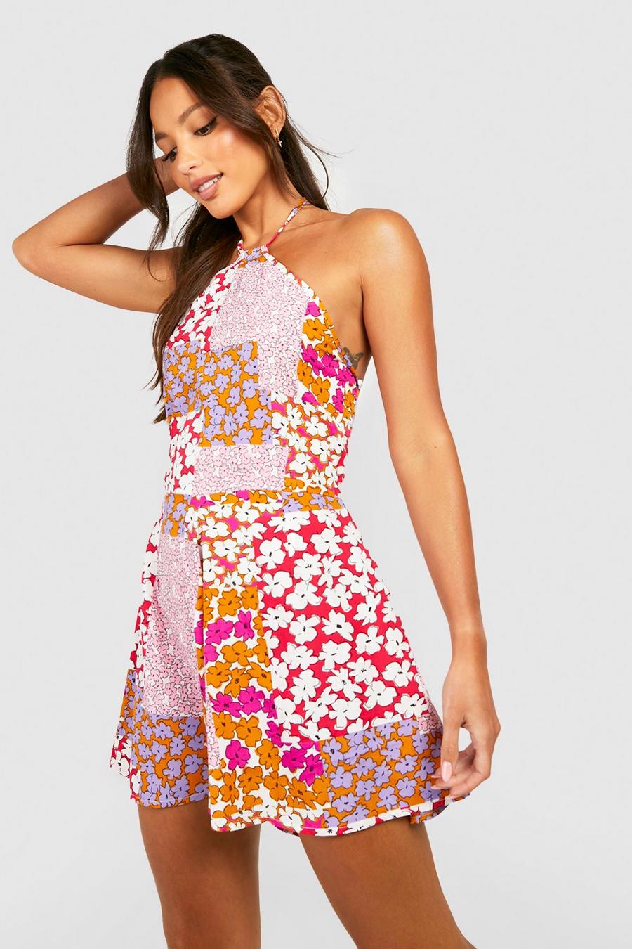 Multi Tall Halter Mixed Floral Print Romper image number 1