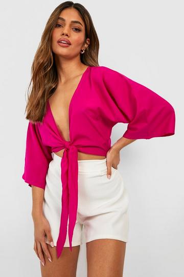 Tie Front Batwing Top hot pink