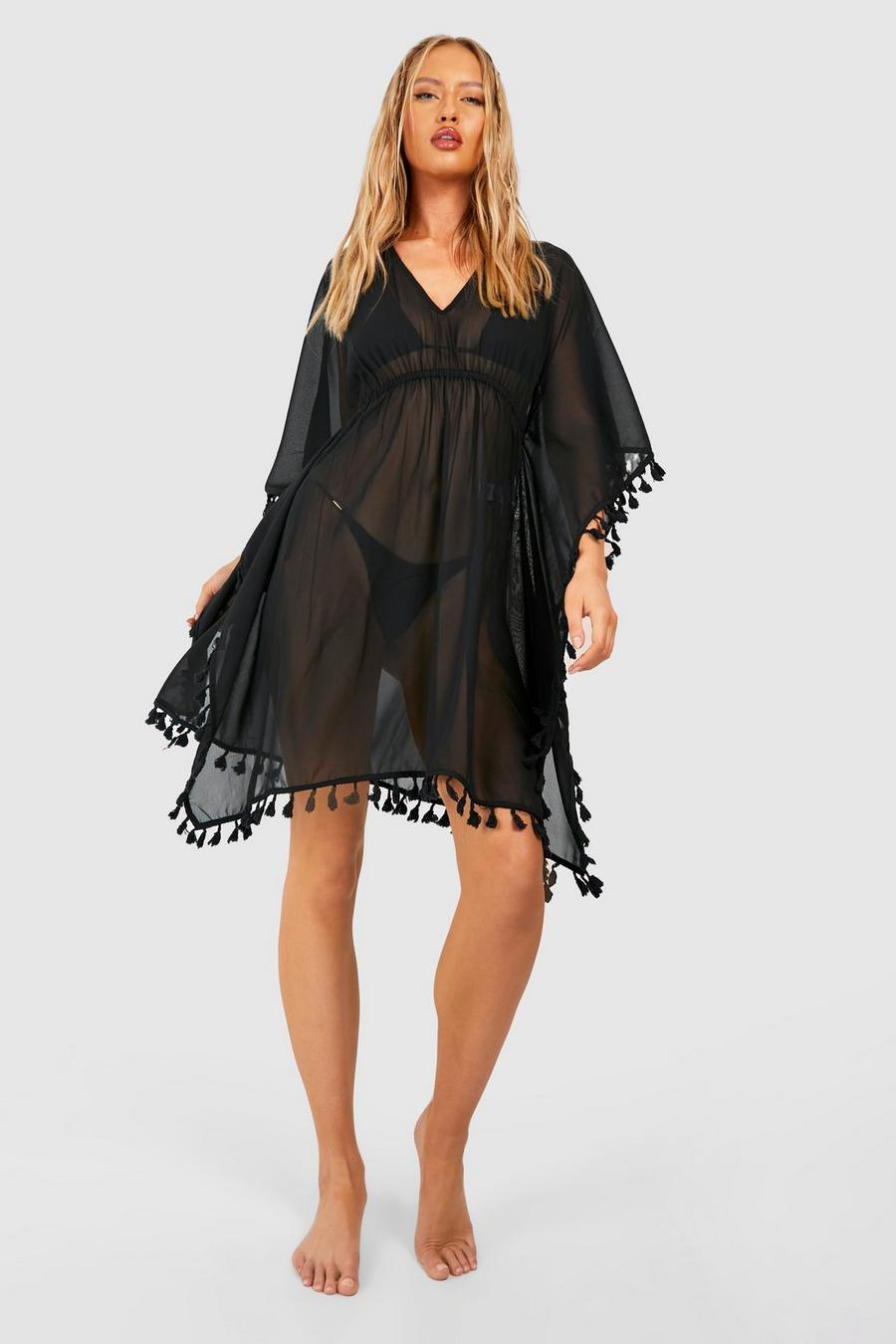 Black Tall Tassel Trim Chiffon Mini Beach Dress image number 1