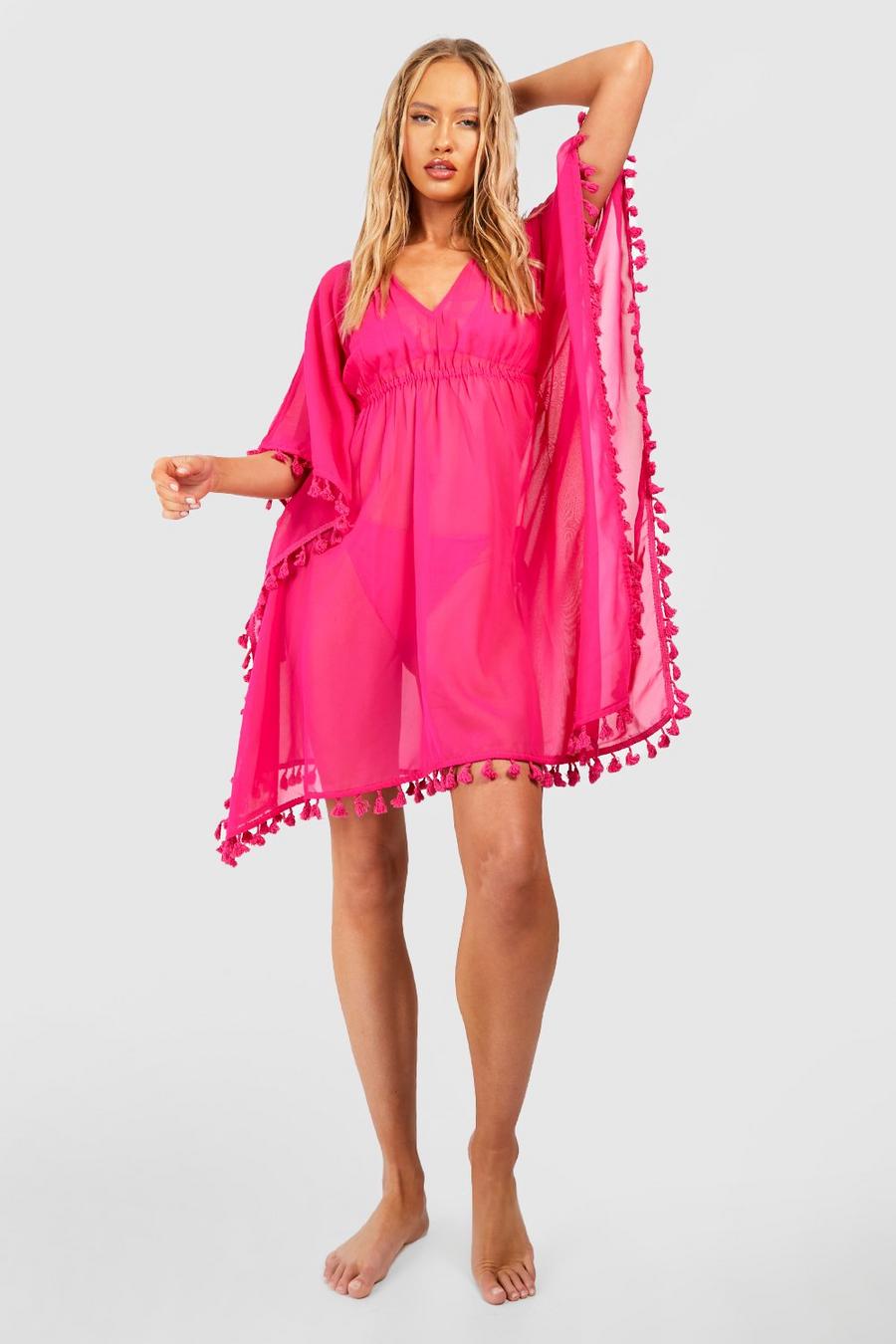 Hot pink rosa Tall Tassel Trim Chiffon Mini Beach Dress