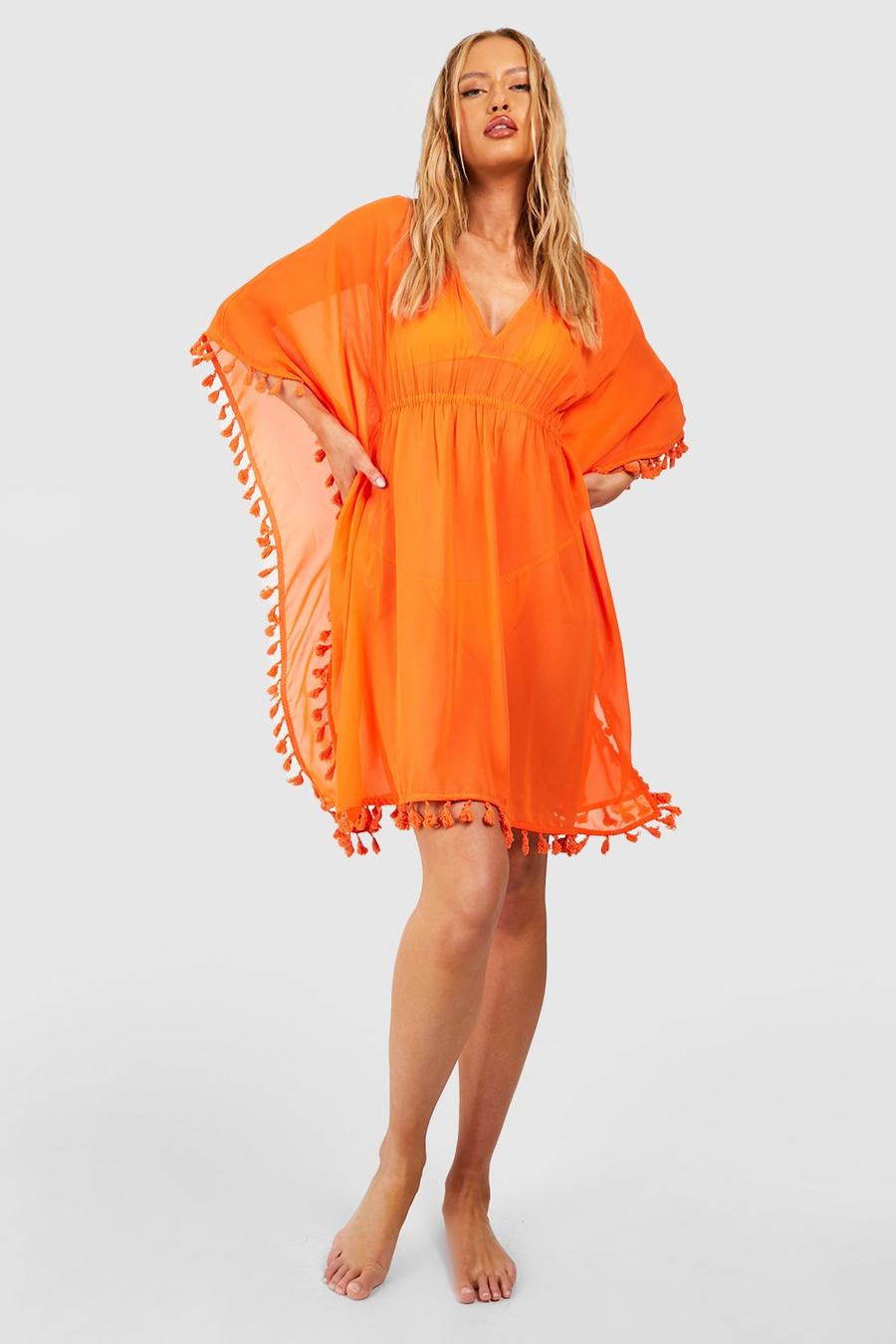 Orange Tall Tassel Trim Chiffon Mini Beach Dress image number 1