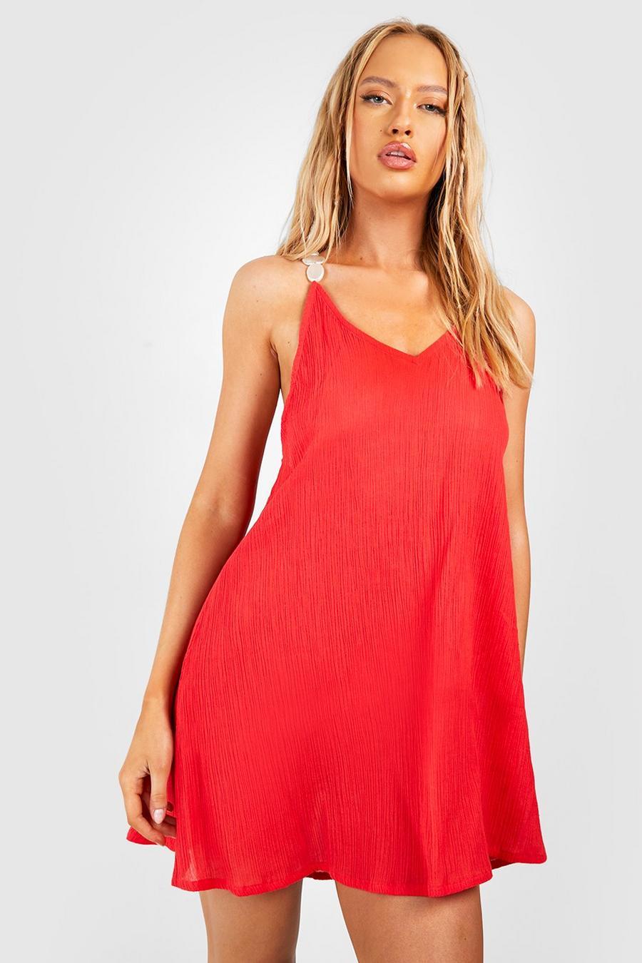 Red Tall Pearl Stone Strap Cheesecloth Mini Beach Dress