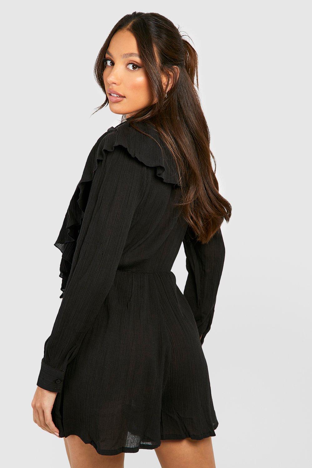 Tall Black Cheesecloth Ruffle Tie Front Blouse