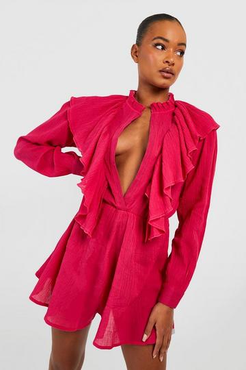 Tall Cheesecloth Ruffle Beach Flippy Romper hot pink