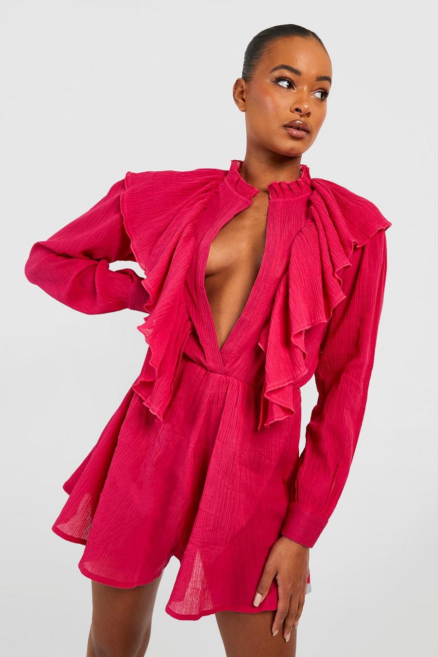 Hot pink rosa Tall Cheesecloth Ruffle Beach Flippy Playsuit