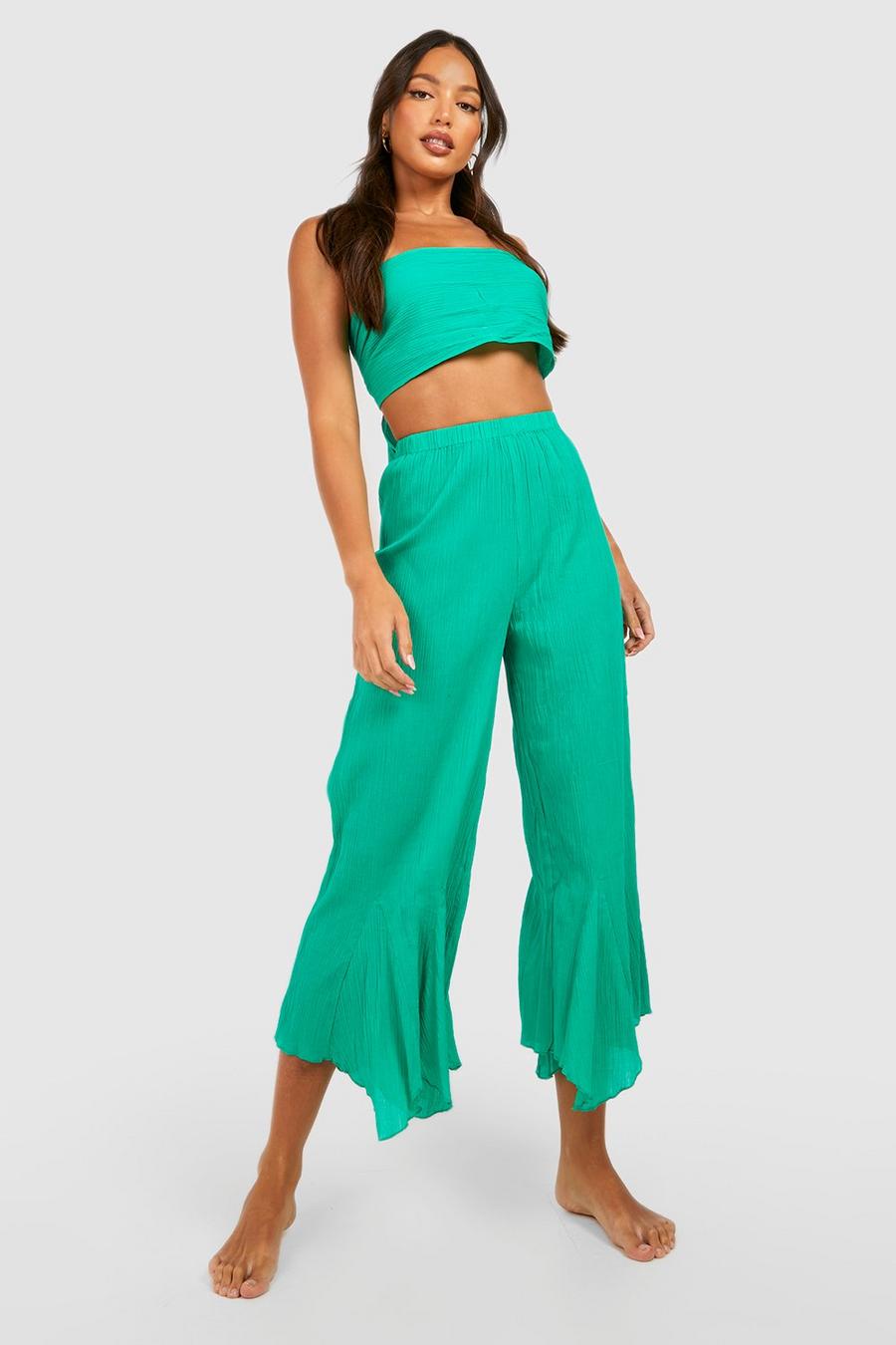 Green Tall Cheesecloth Bandeau Tie Hanky Hem Culotte Beach Coord