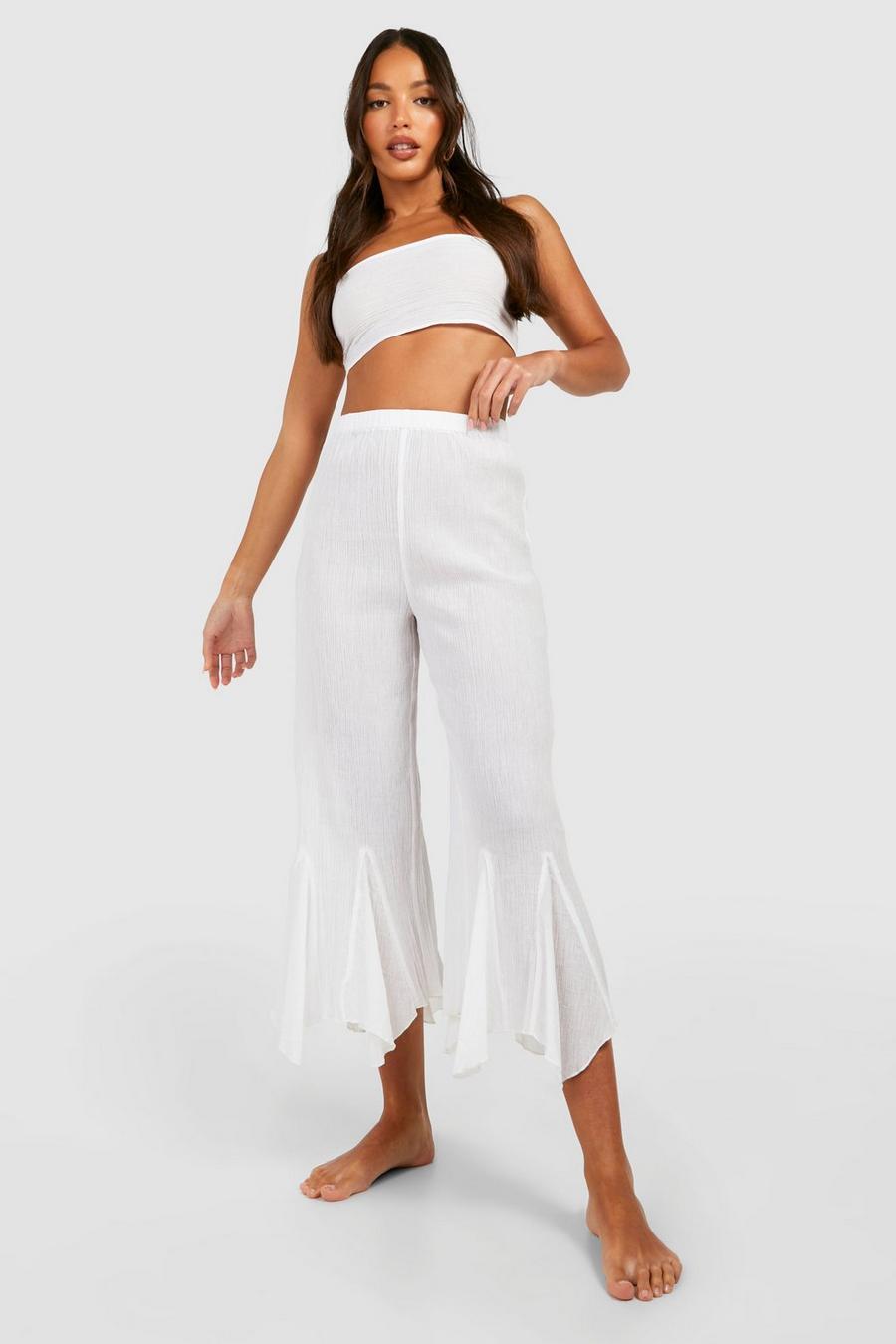 White Tall Cheesecloth Bandeau Tie Hanky Hem Culotte Beach Coord image number 1