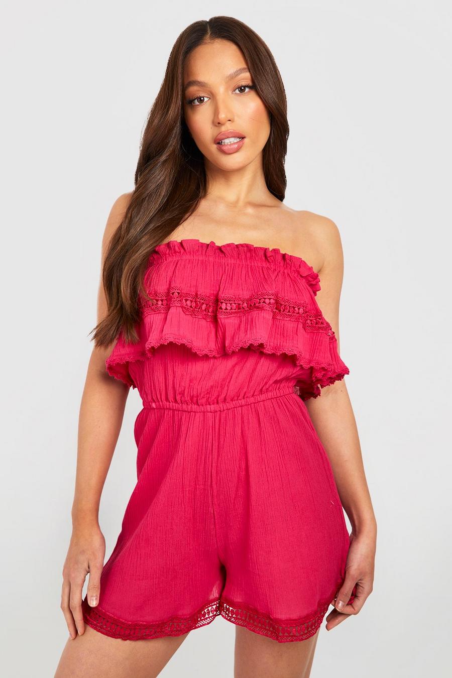 Hot pink rose Tall Cheesecloth Bandeau Frill Lace Trim Playsuit