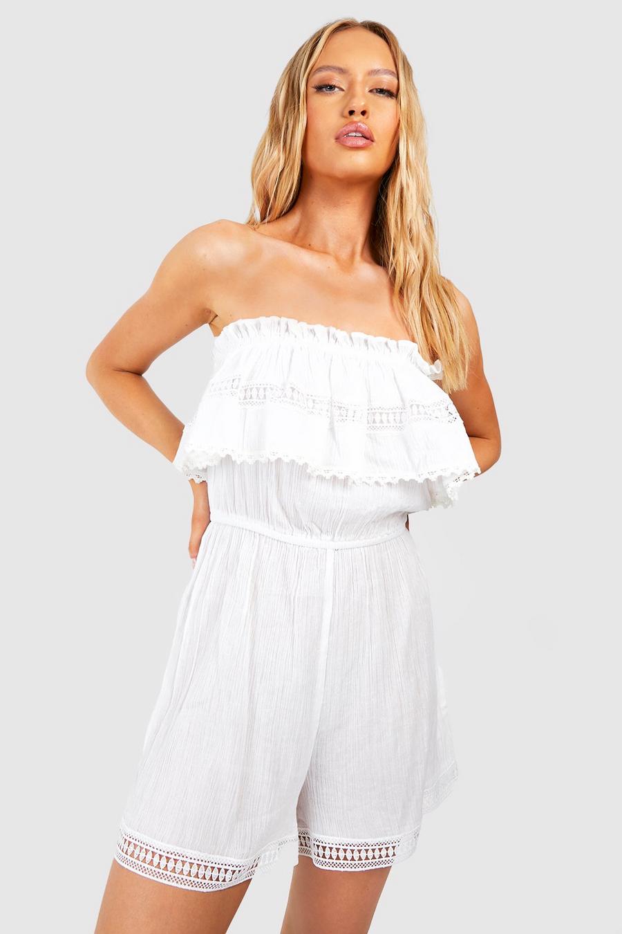 White Tall Cheesecloth Bandeau Frill Lace Trim Romper image number 1