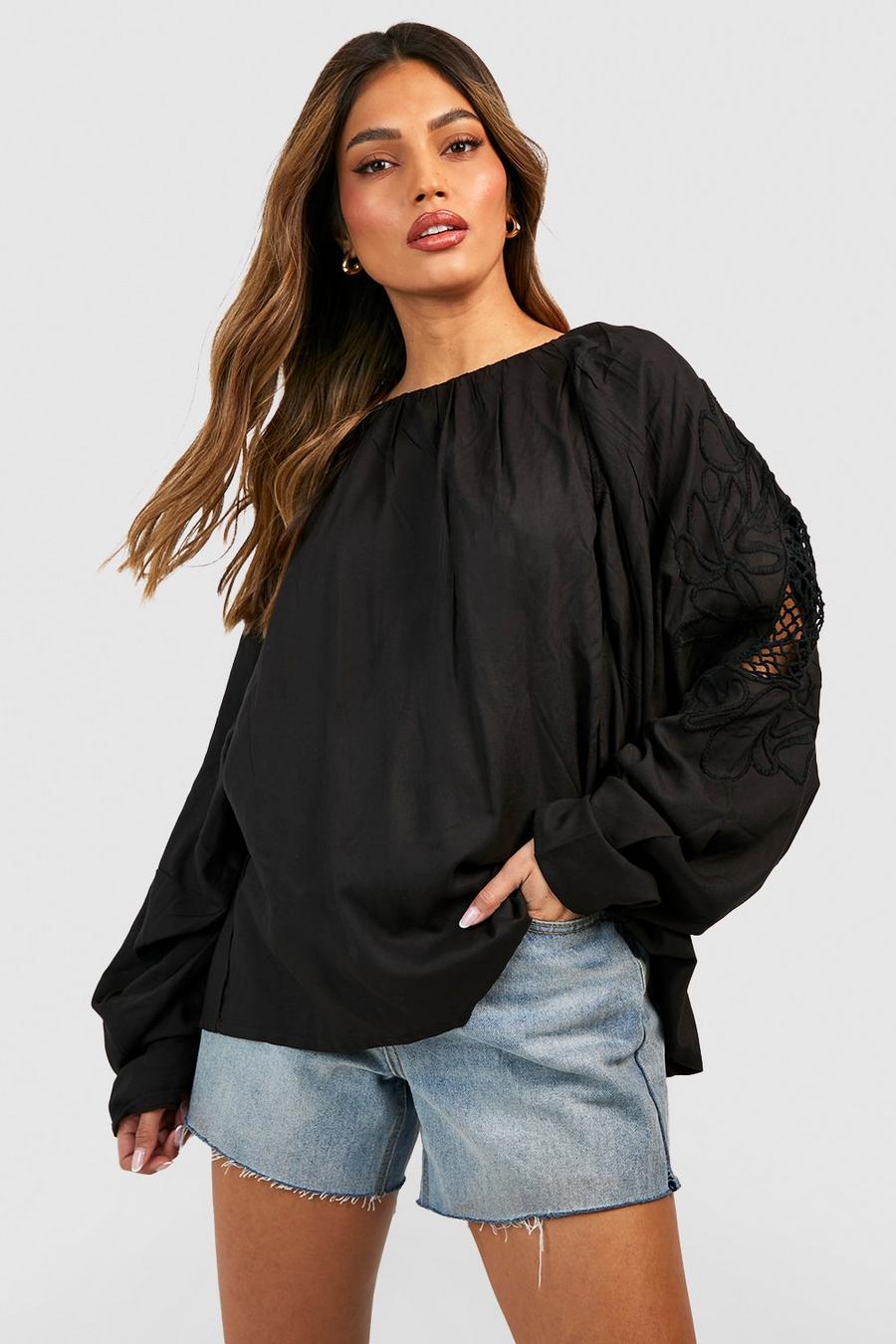 Black Cut Out Embroidered Balloon Sleeve Blouse image number 1
