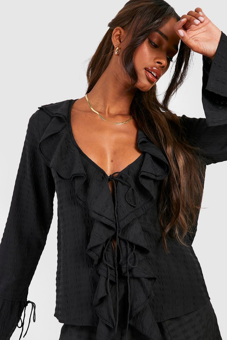 Black Textured Ruffle Tie Front Blouse image number 1