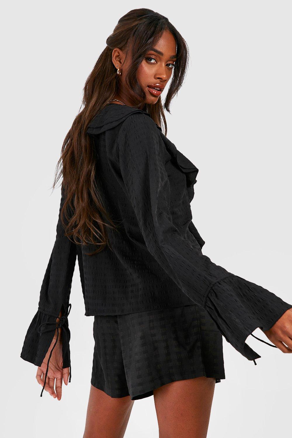 Textured Ruffle Tie Front Blouse | boohoo USA