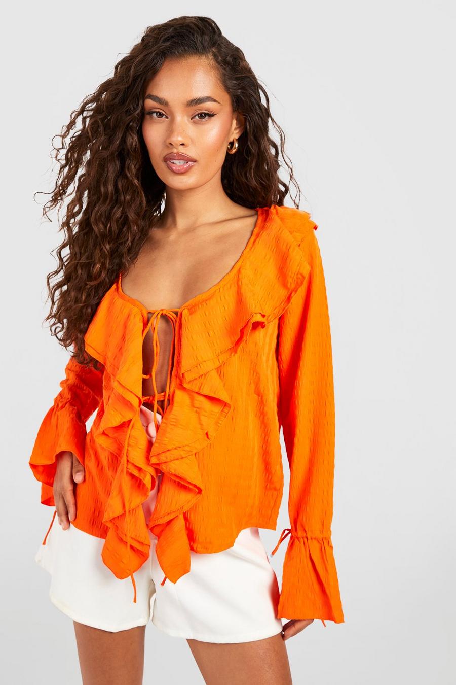 Orange Textured Ruffle Tie Front Blouse image number 1