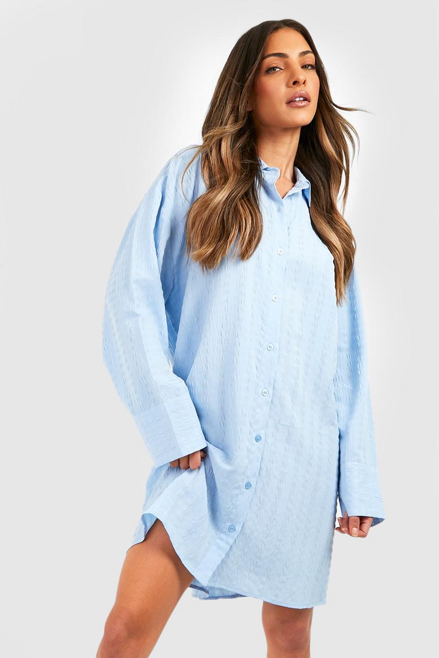 Blue Textured Oversized Longline Shirt image number 1