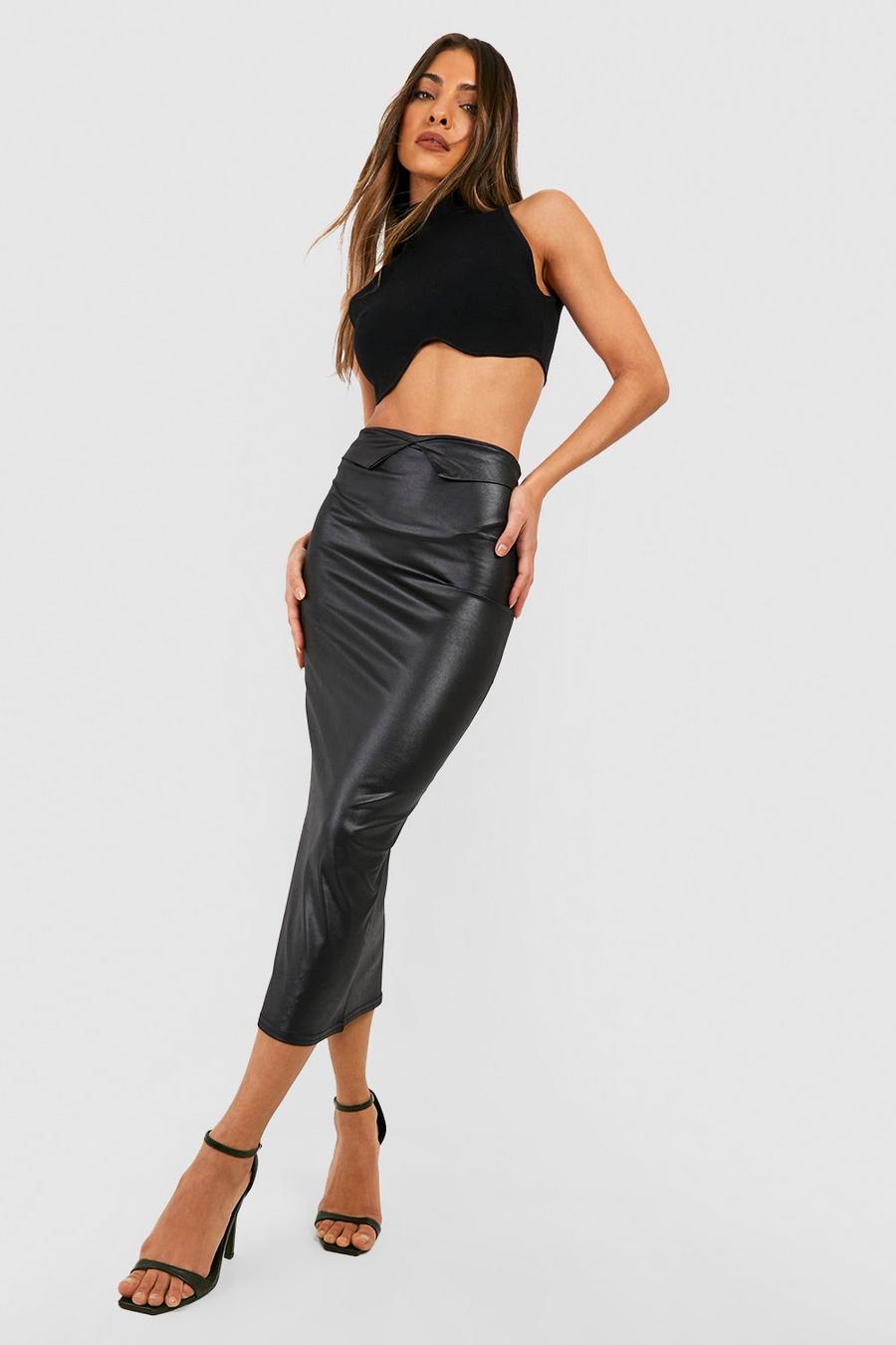 Black Shiny Folded Waist Midi Skirt
