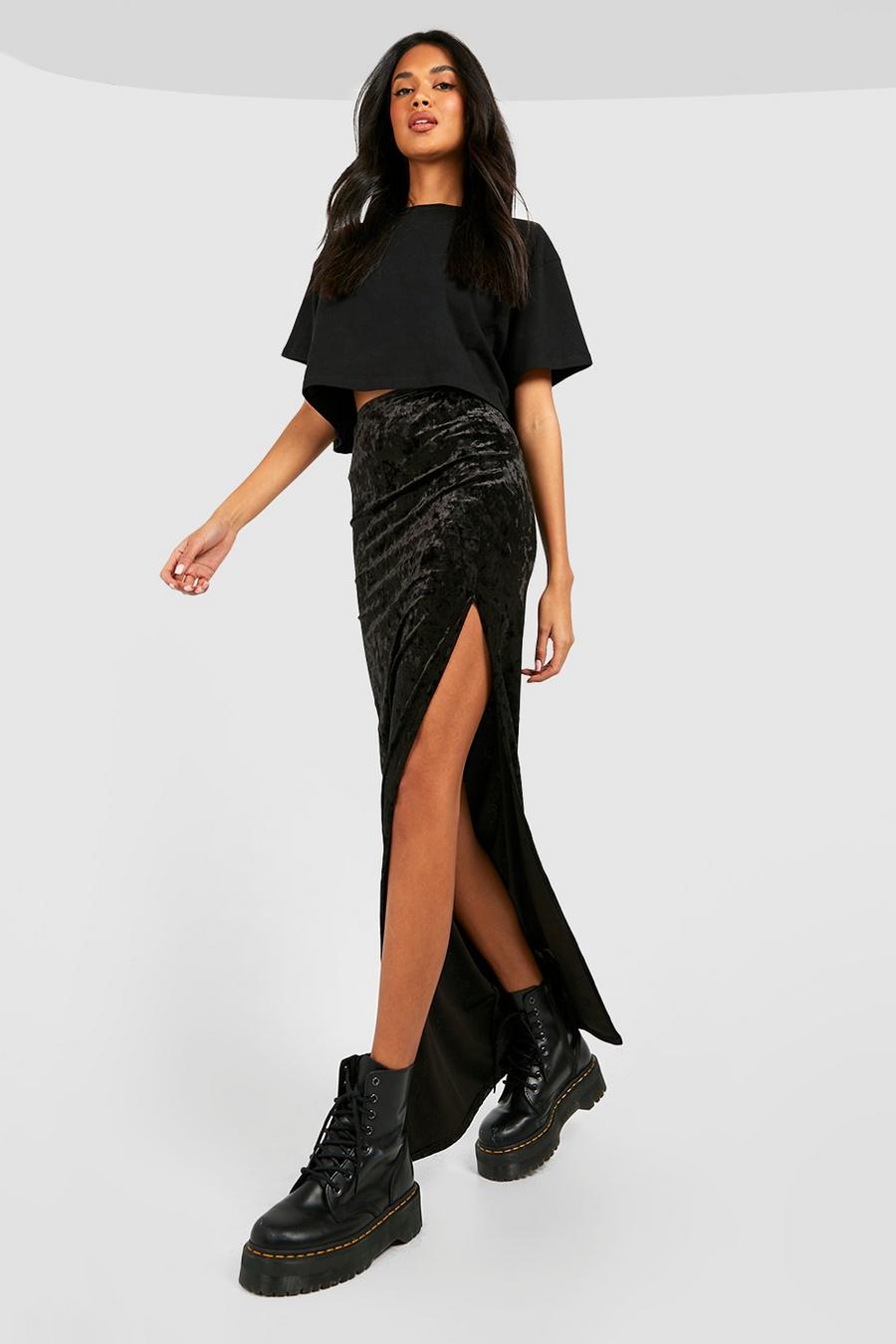 Black Crushed Velvet High Split Maxi Skirt image number 1
