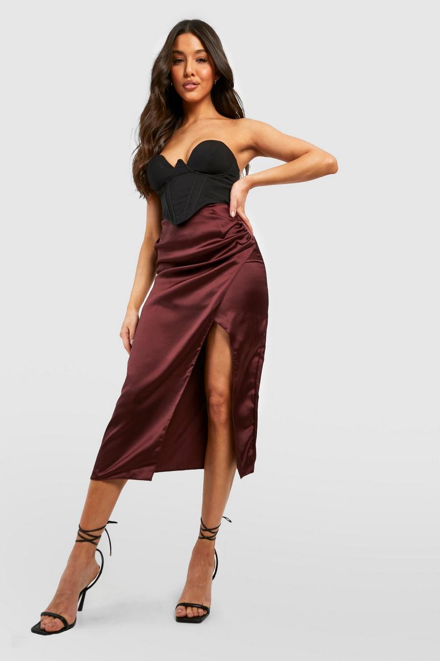 Chocolate Satin Ruched Wrap Midaxi Skirt image number 1