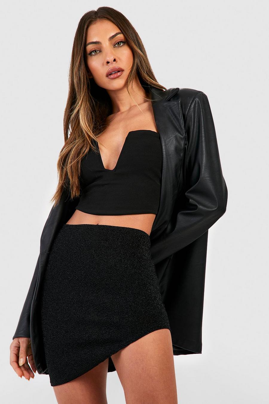 Black Glitter Asymmetric Hem Mini Skirt