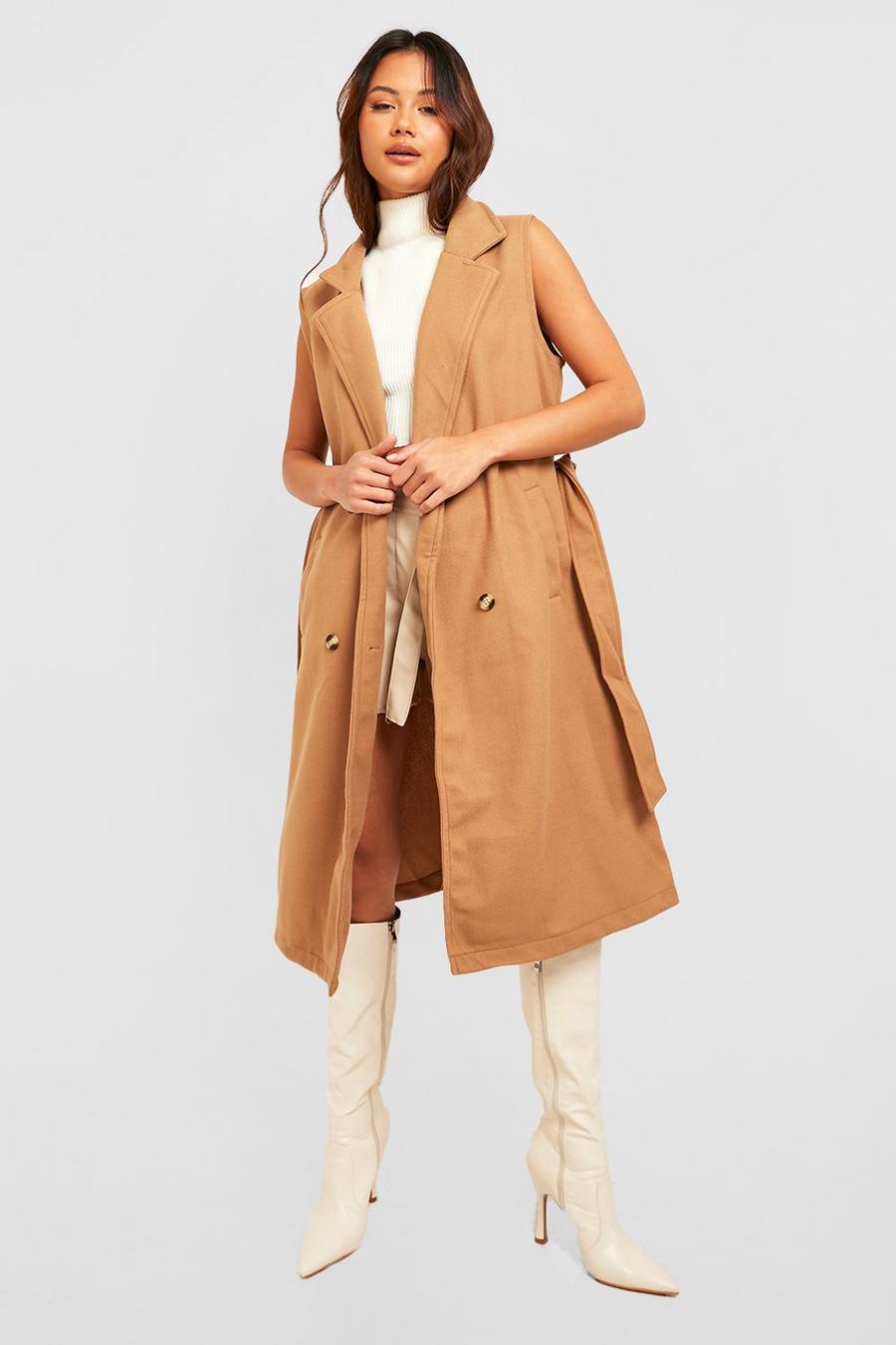 Camel beige Petite Sleeveless Belted Trench Coat image number 1