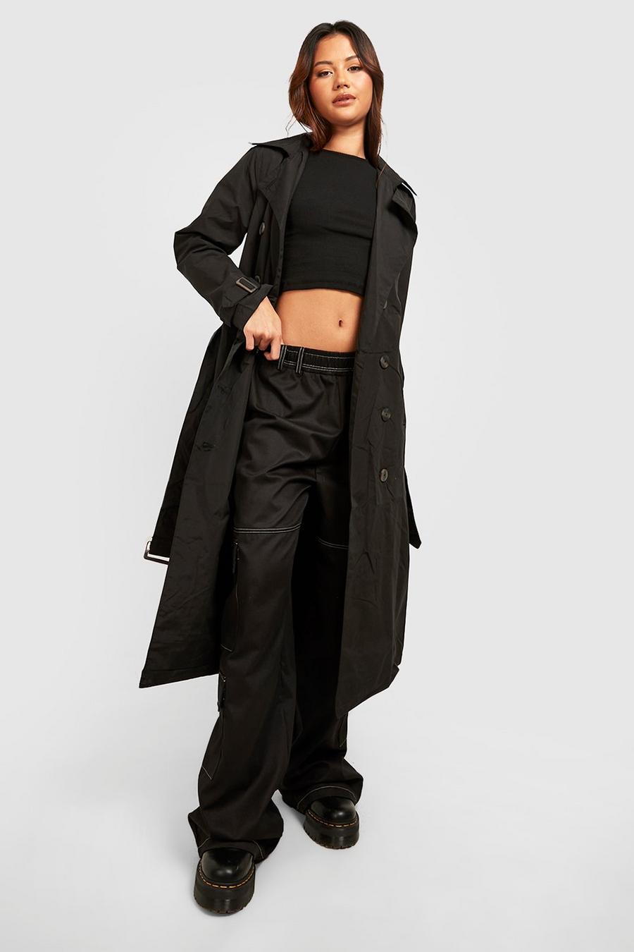 Black Petite Mock Horn Button Belted Trench image number 1