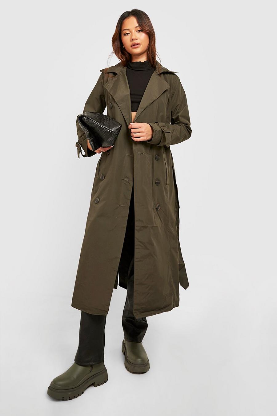 Khaki Petite Mock Horn Button Belted Trench image number 1