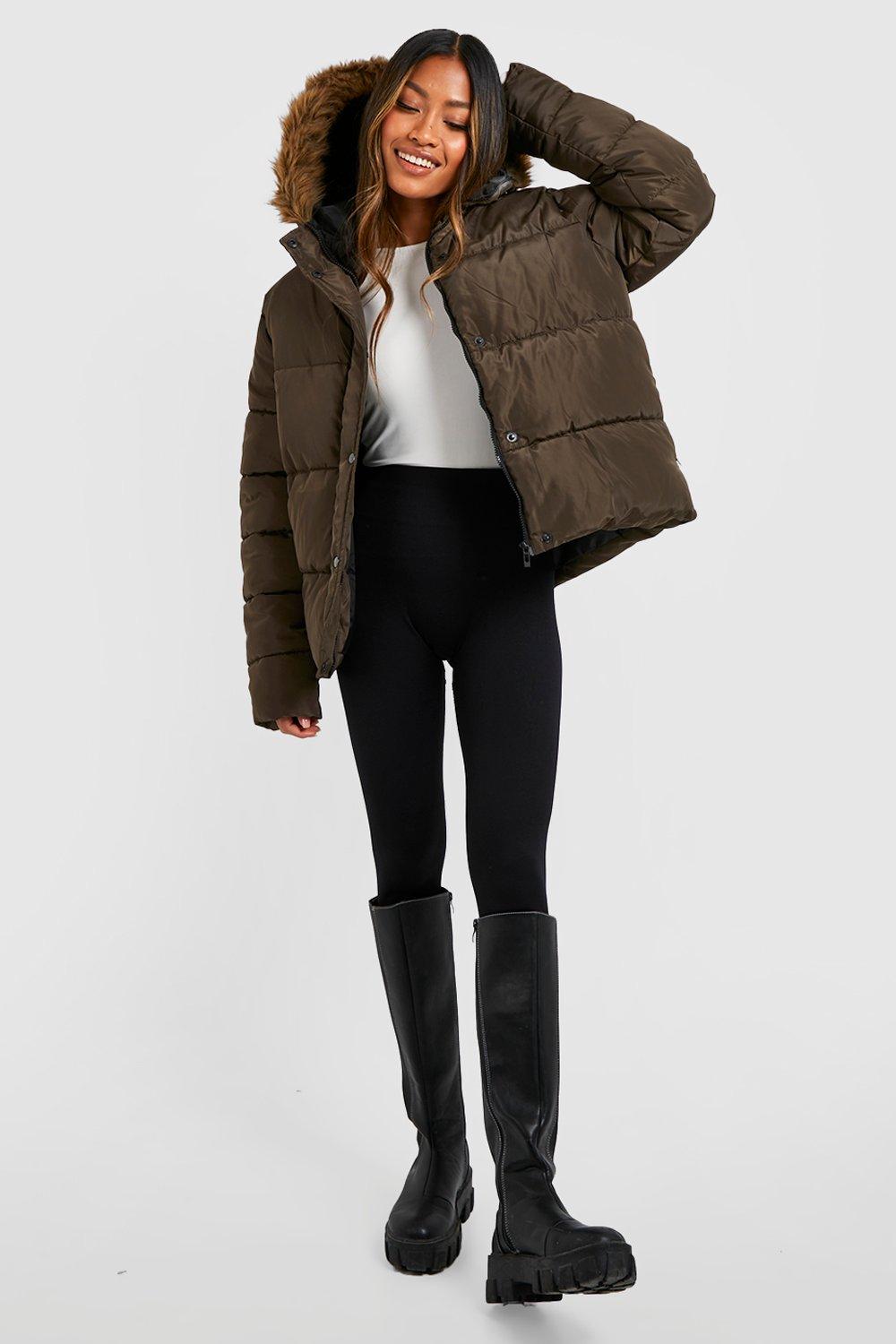 khaki puffer coat fur hood