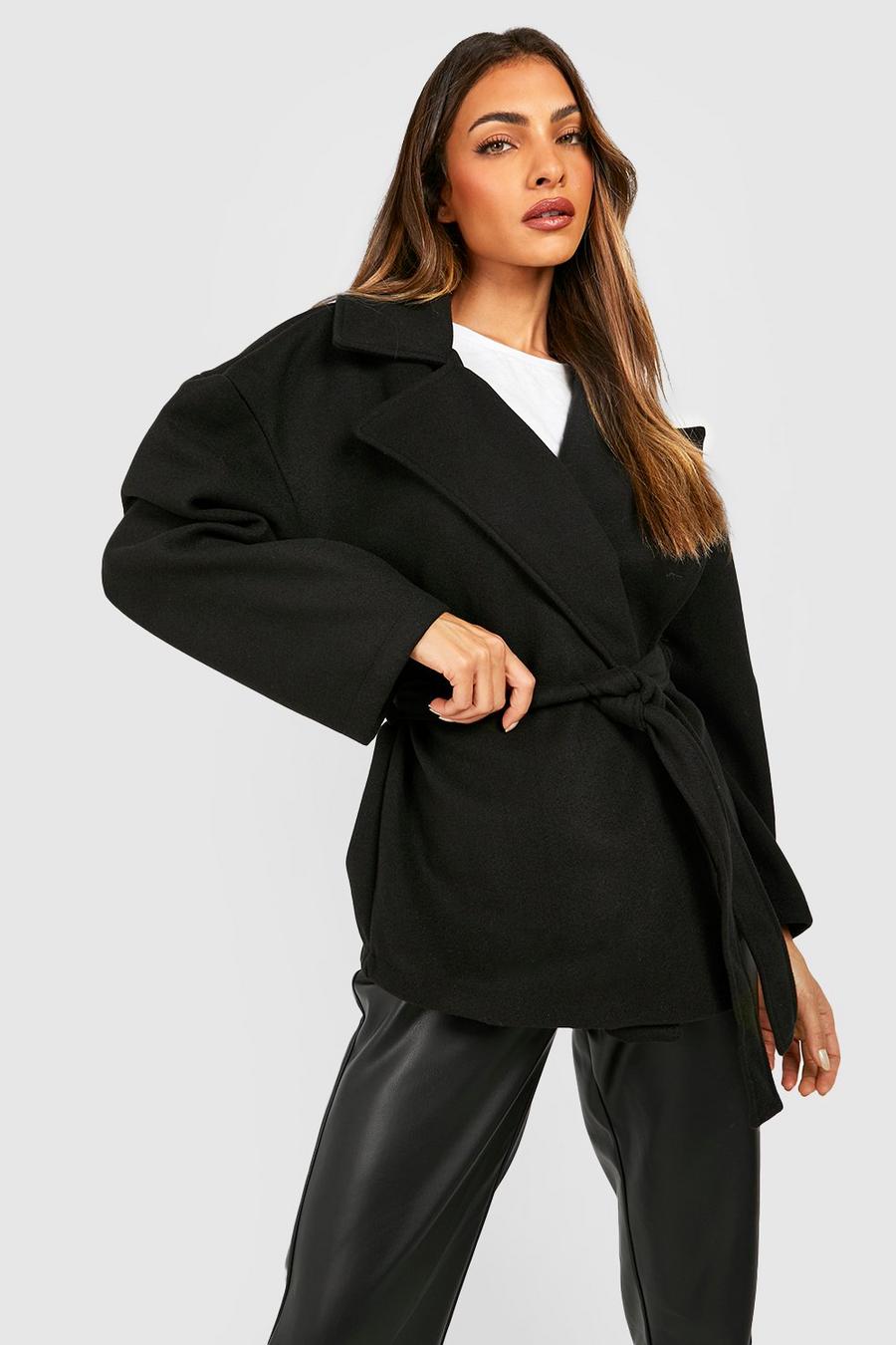 Manteau effet laine à ceinture, Black image number 1