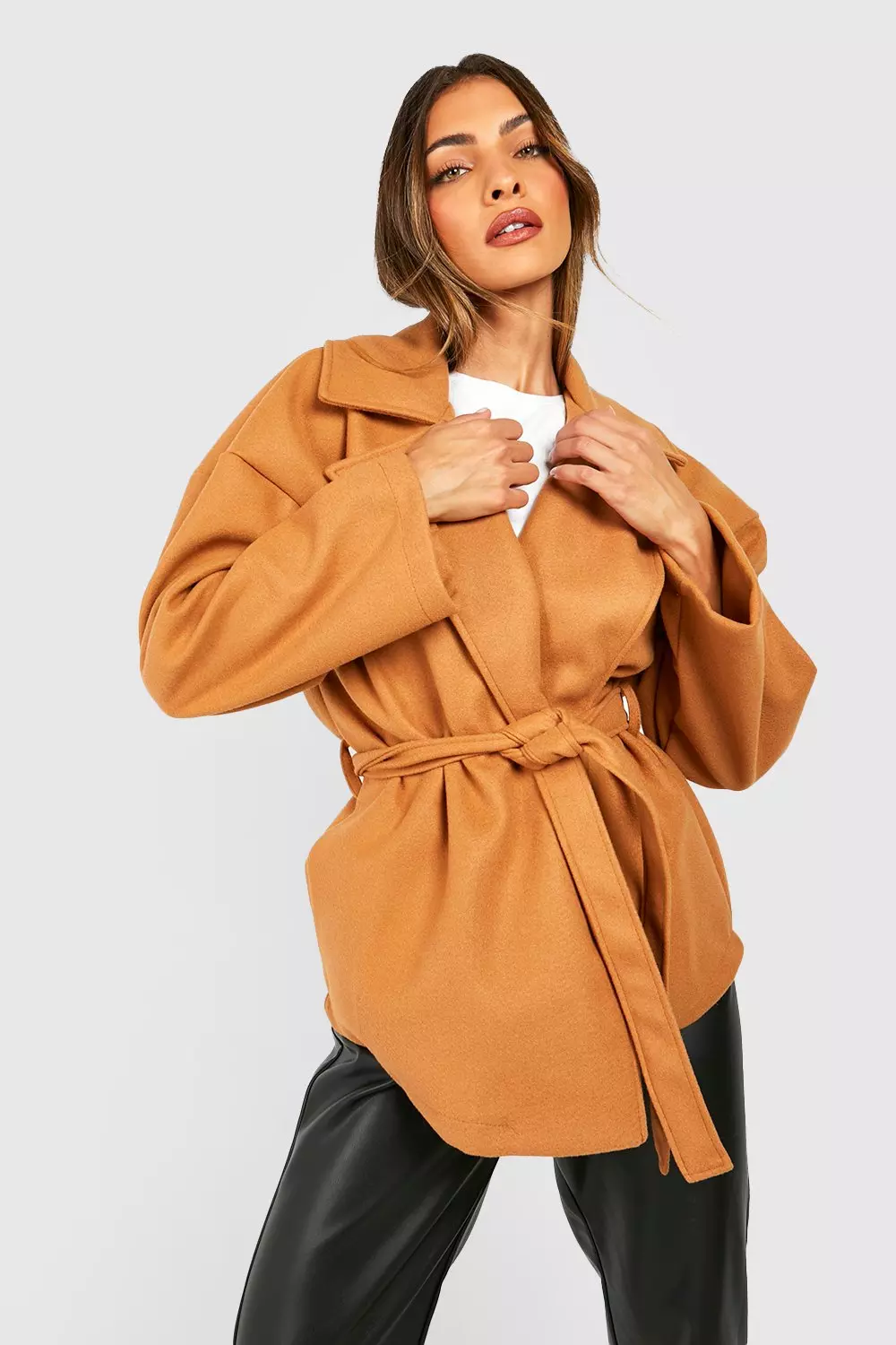 Boohoo wool look coat in camel hotsell