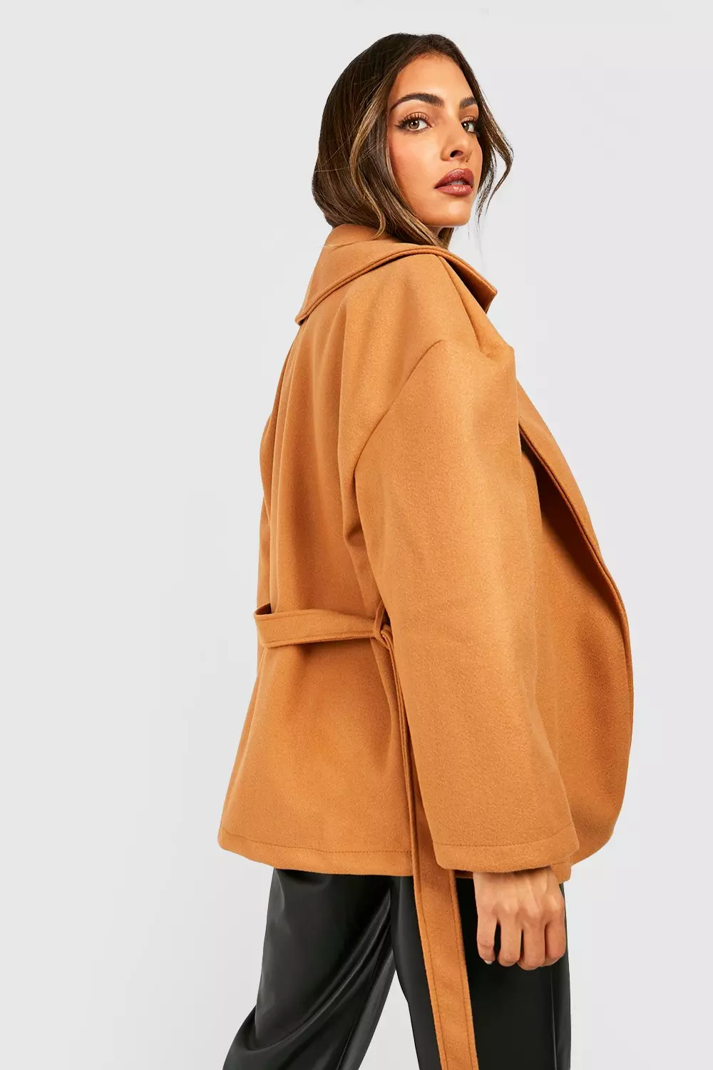 Boohoo wool look coat in camel hotsell