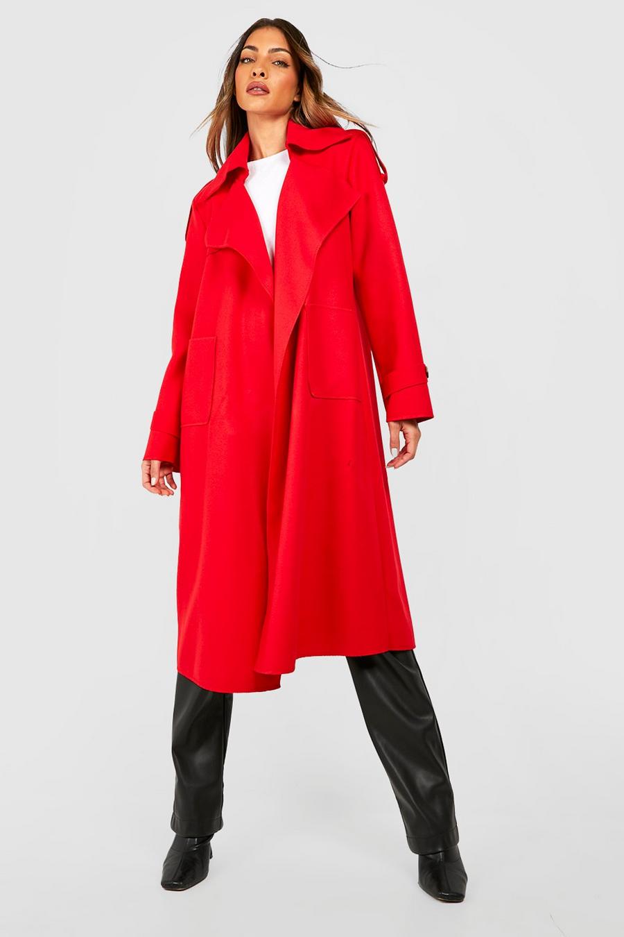Red Belted Waterfall Wool Look Trench image number 1