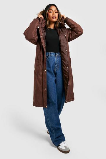 Longline Faux Fur Trim Parka mocha