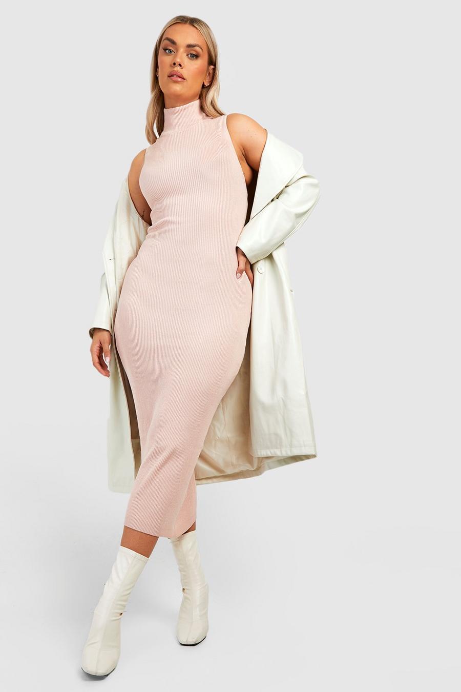 Nude color carne Plus High Neck Rib Knitted Midaxi Dress
