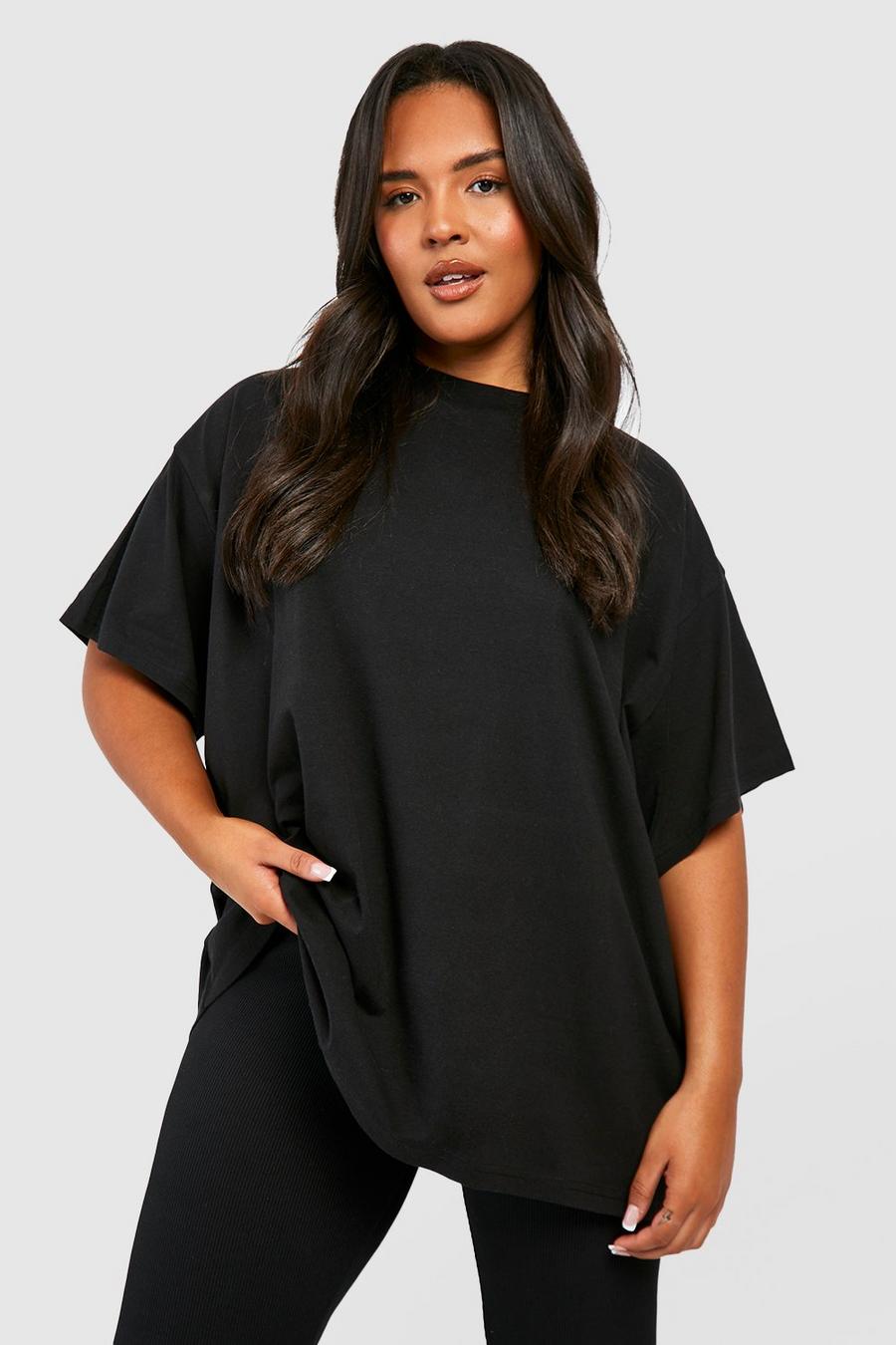 Plus Super Oversize Basic Rundhals T-Shirt aus Baumwolle, Black schwarz