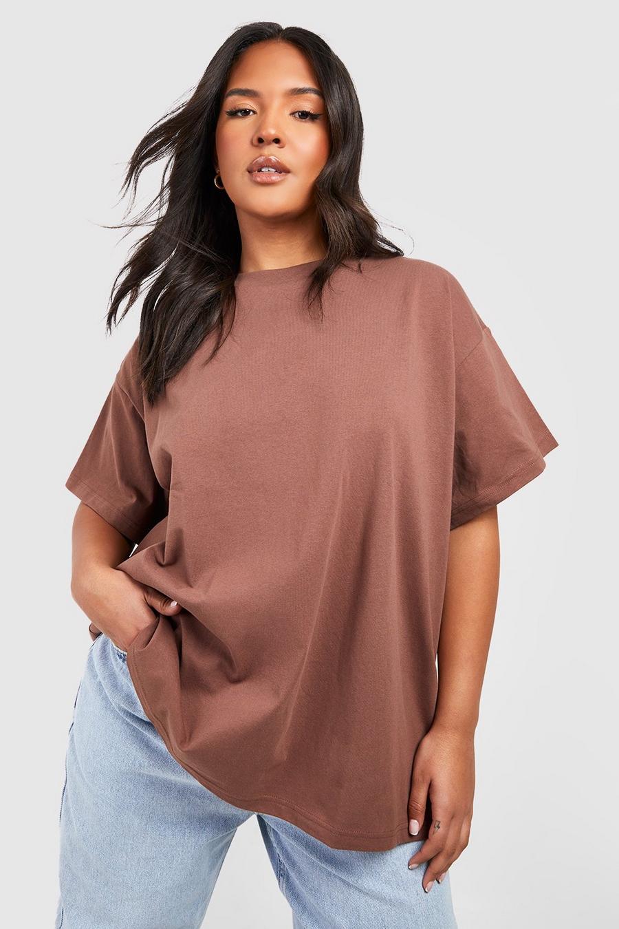 Chocolate brown Plus Super Oversized Crew Neck Basic Cotton T-shirt  image number 1