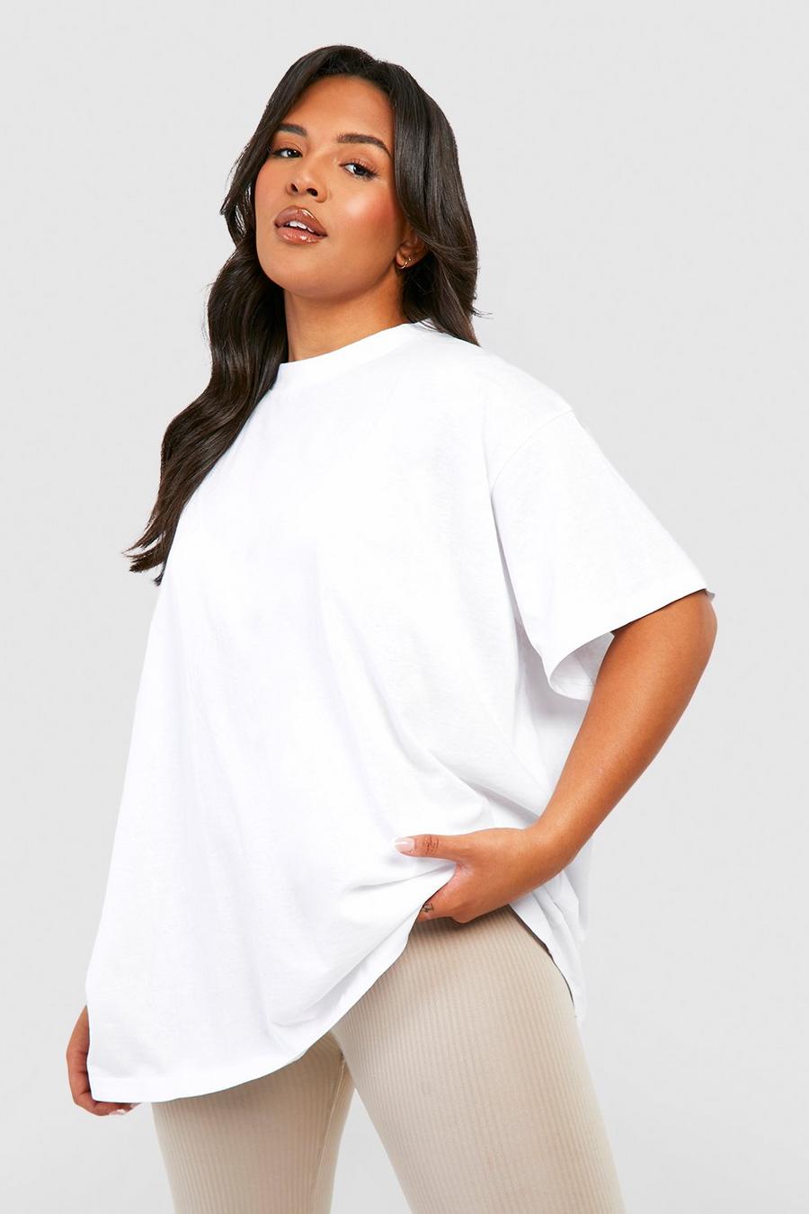 Plus Super Oversize Basic Rundhals T-Shirt aus Baumwolle, White image number 1