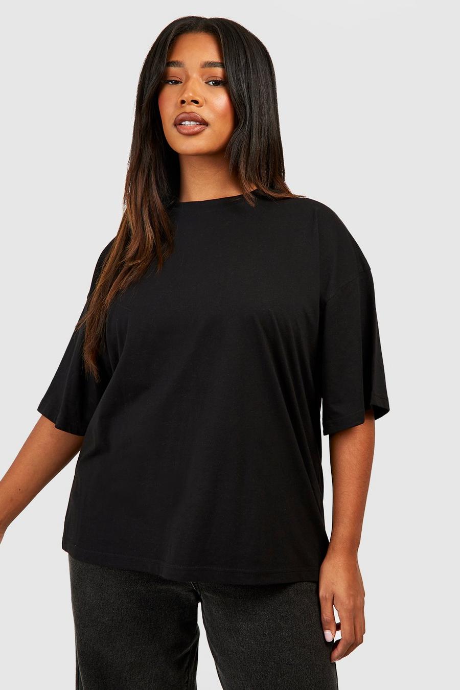 Plus Oversize Basic Rundhals T-Shirt aus Baumwolle, Black image number 1