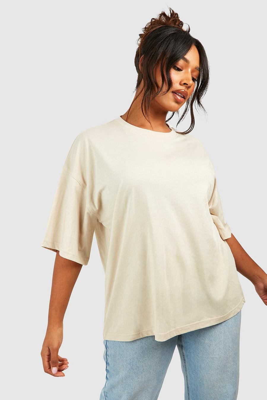 Plus Oversize Basic Rundhals T-Shirt aus Baumwolle, Stone image number 1