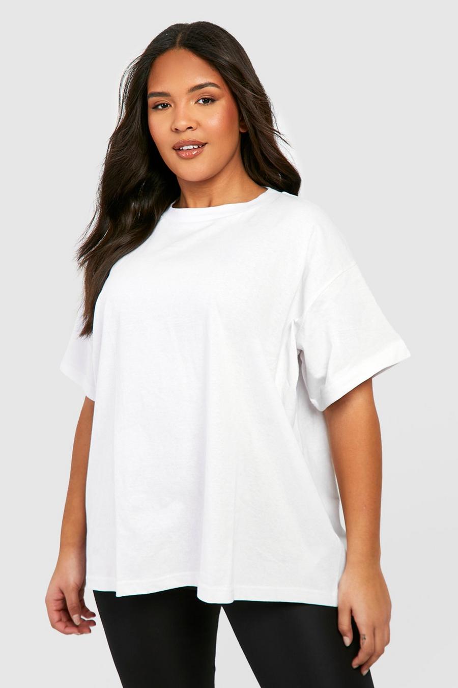 Plus Oversize Basic Rundhals T-Shirt aus Baumwolle, White image number 1