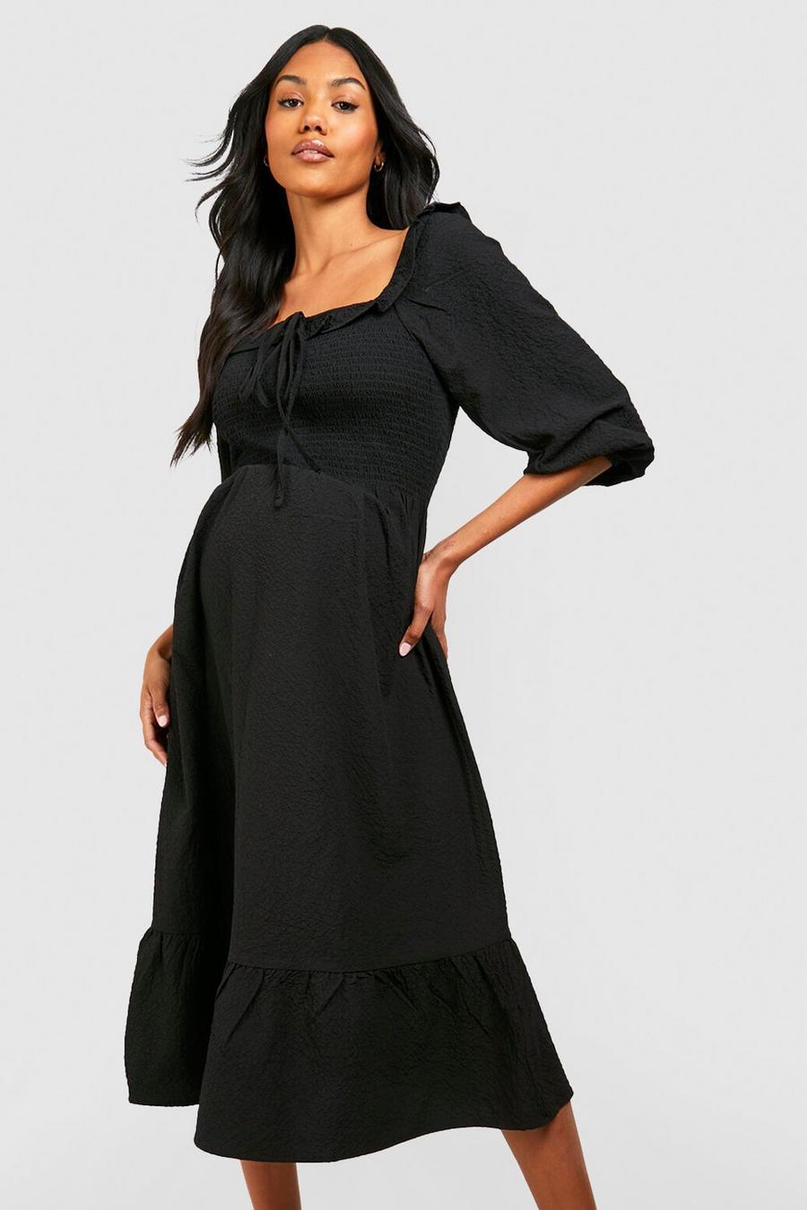Black Maternity Textured Crinkle Shirred Midi Dress image number 1