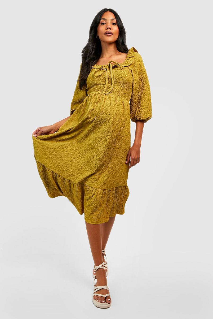 Olive Maternity Textured Crinkle Shirred Midi Dress image number 1