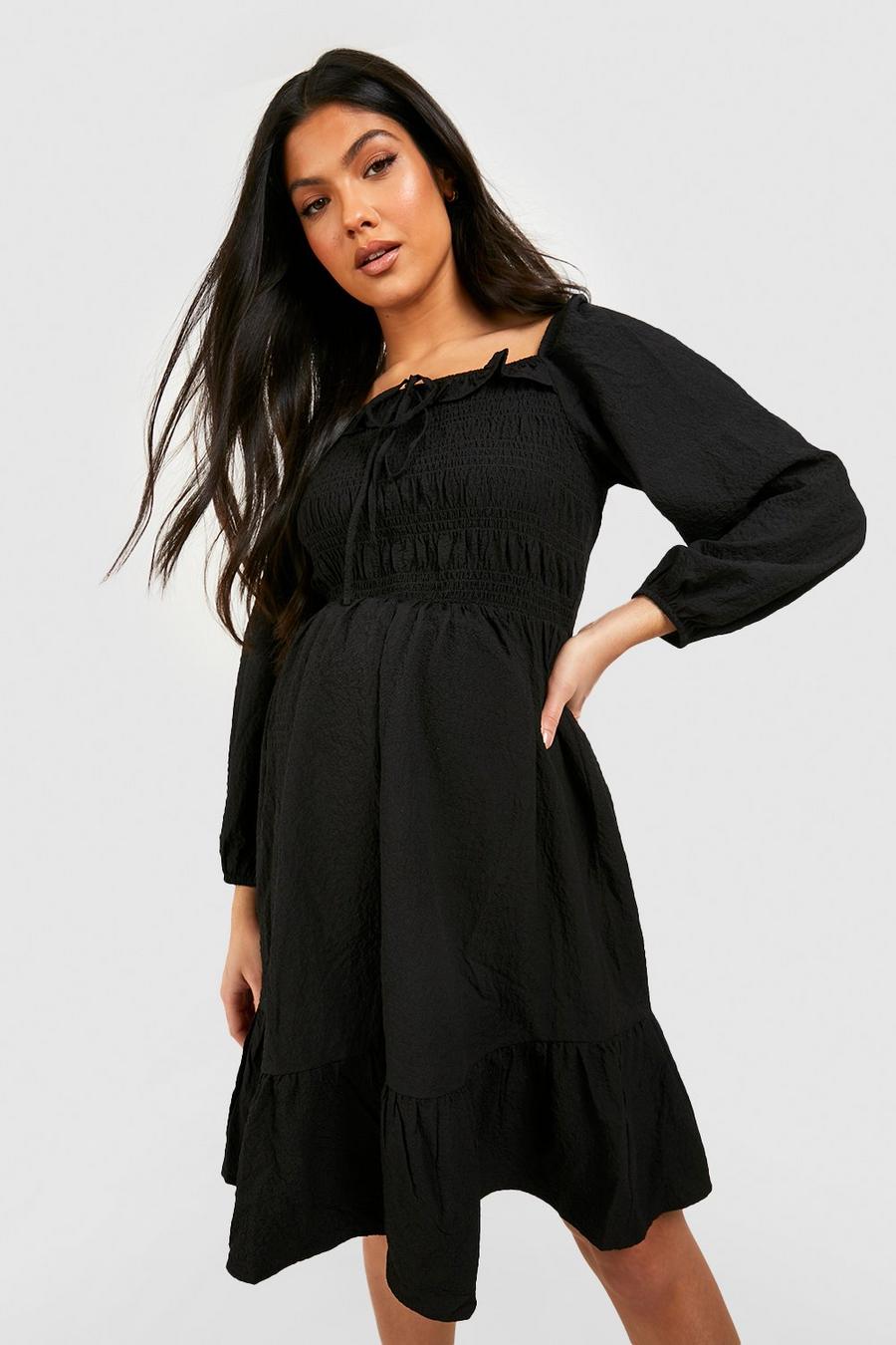 Black Maternity Textured Crinkle Shirred Skater Dress image number 1