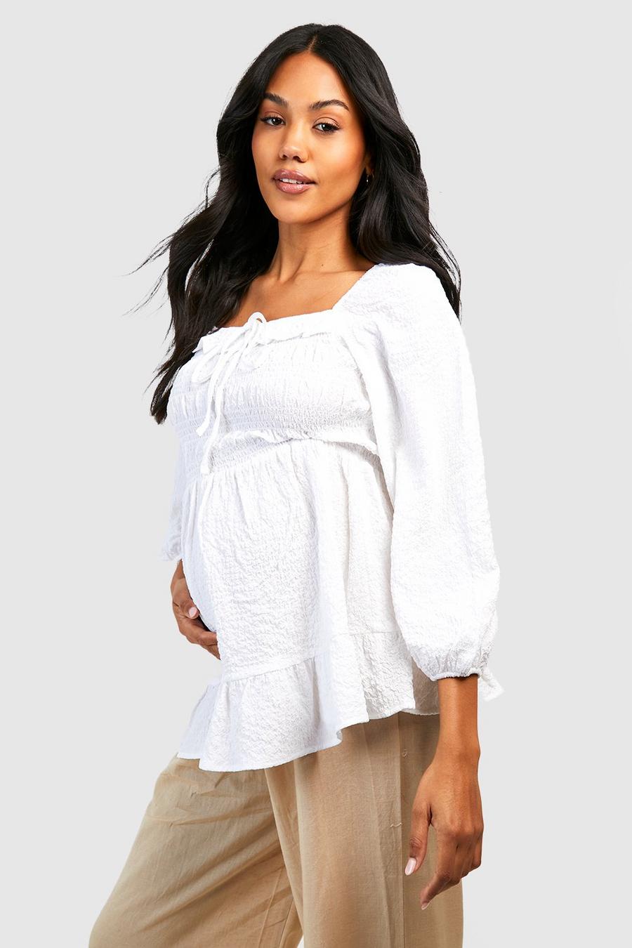 Ivory white Maternity Textured Crinkle Shirred Smock Top