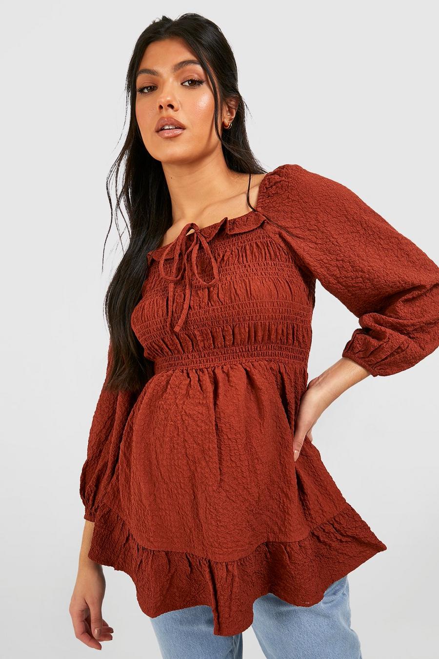 Rust Maternity Textured Crinkle Shirred Smock Top image number 1