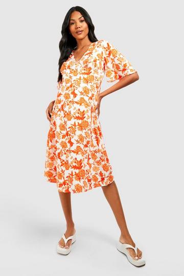 Orange Maternity Floral Wrap Smock Dress