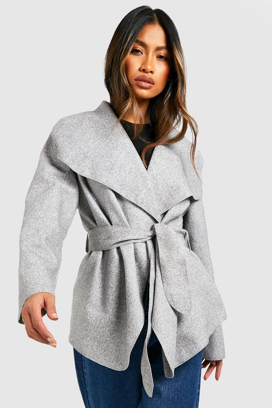 Grey marl grigio Belted Shawl Collar Coat