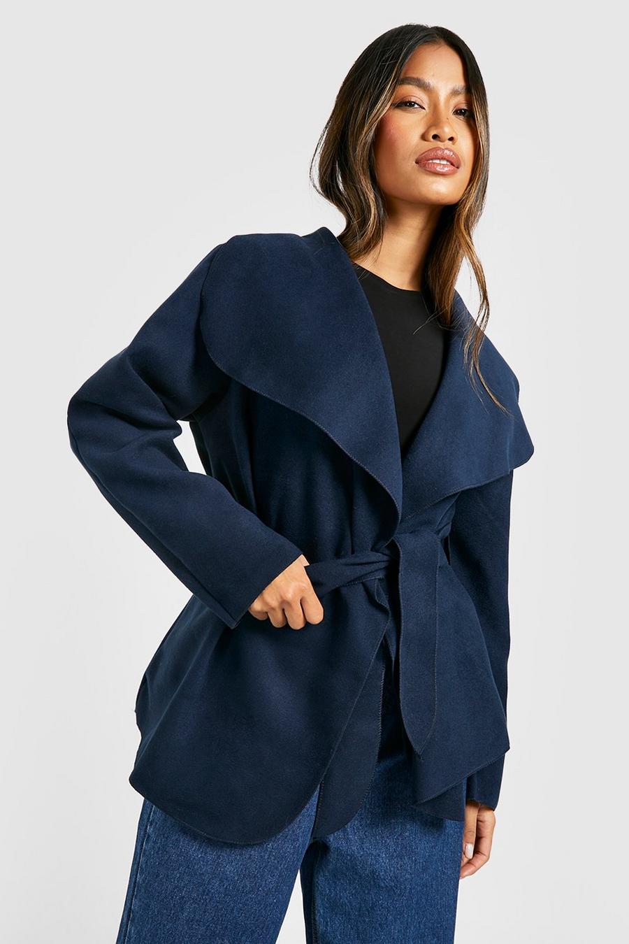 Navy Belted Shawl Collar Coat image number 1