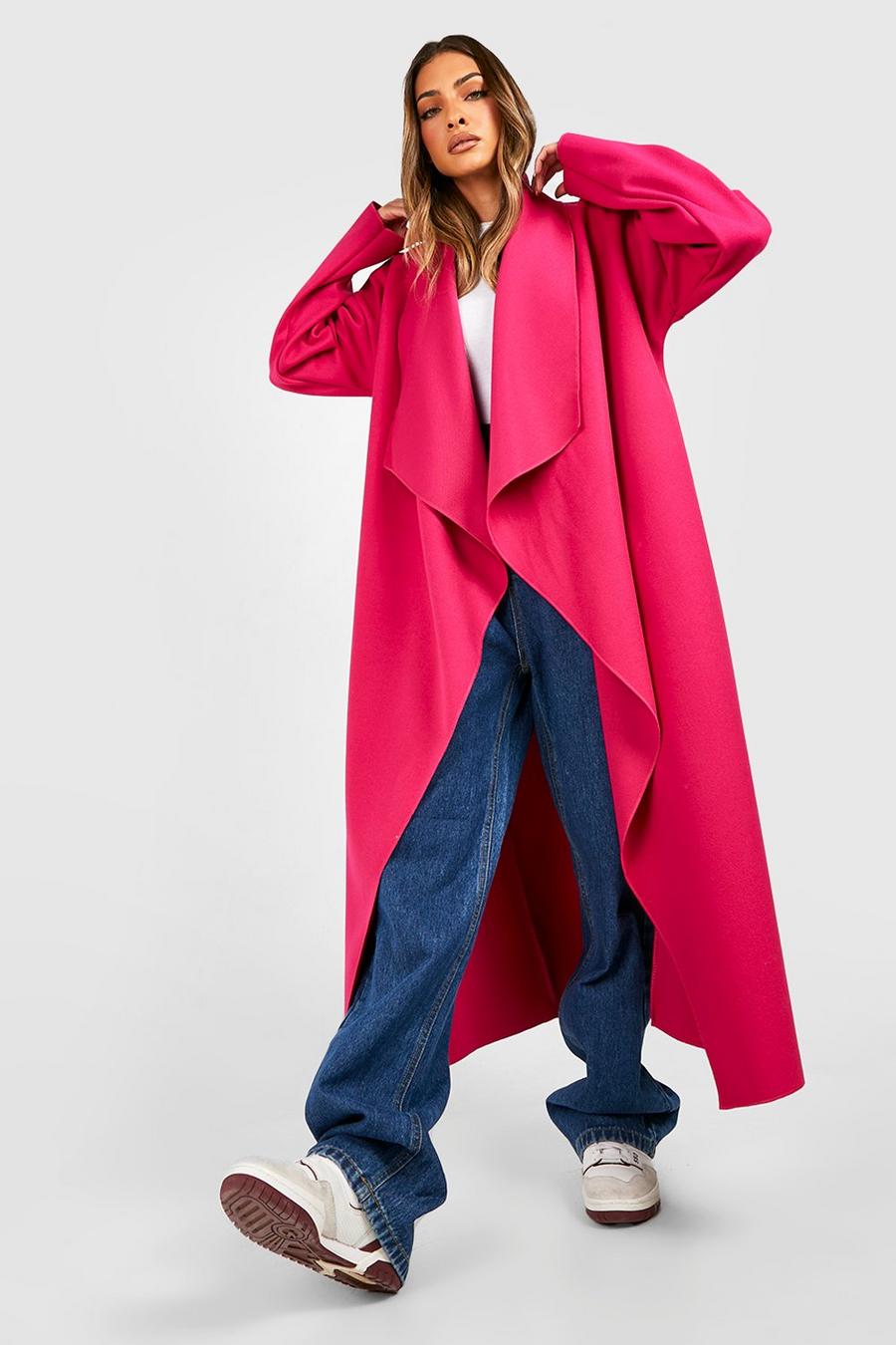 Super Oversize Mantel im Wolloptik mit Wasserfallkragen, Magenta pink